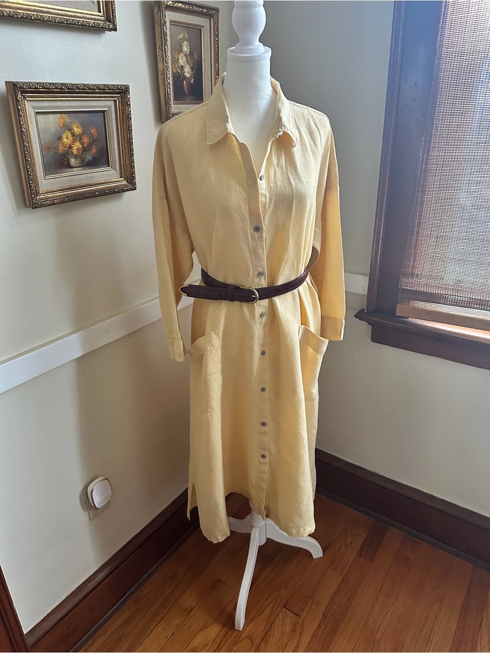 100% Linen Butter Yellow Button Down Maxi Shirt Dress J. Jill Purejill Large